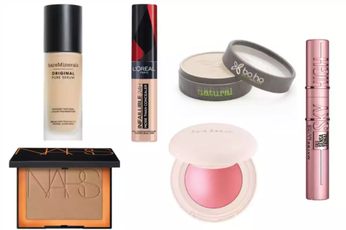 La imagen muestra una selección de productos de maquillaje, incluyendo una base líquida de bareMinerals, un corrector de L'Oréal, un polvo compacto de Boho, un bronceador de NARS, un rubor de Rare Beauty y una máscara de pestañas de Maybelline.