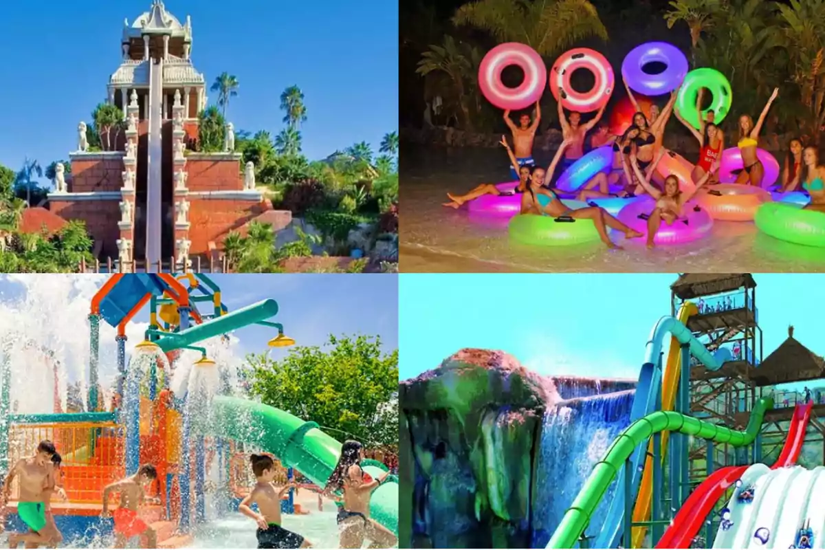 Imagen de un parque acuático con diversas atracciones, incluyendo toboganes, flotadores y áreas de juegos para niños.