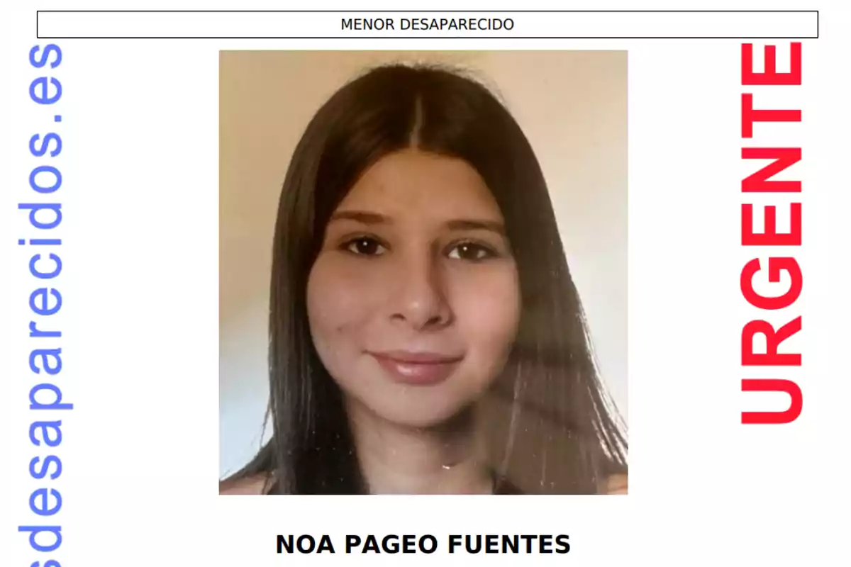 Cartel de menor desaparecido con la palabra "URGENTE" en rojo y una foto de una joven llamada Noa Pageo Fuentes.