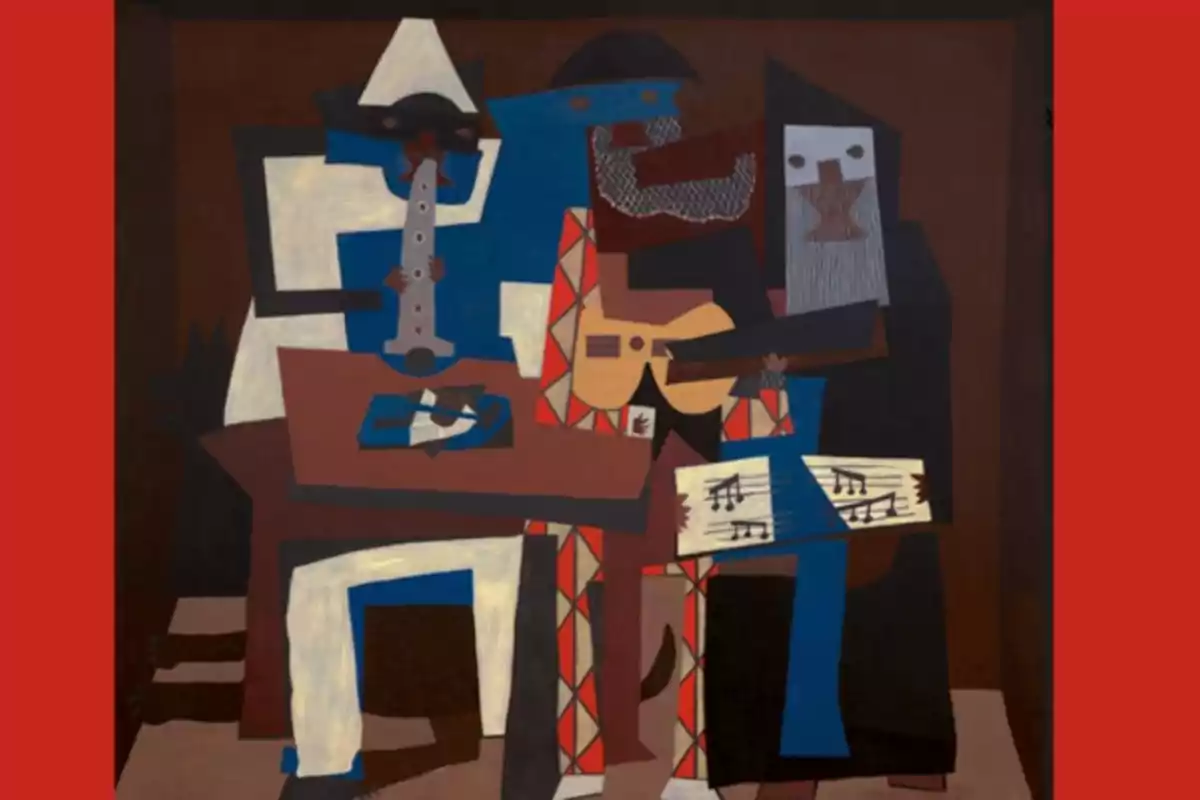 Una pintura cubista que muestra a tres músicos tocando instrumentos.