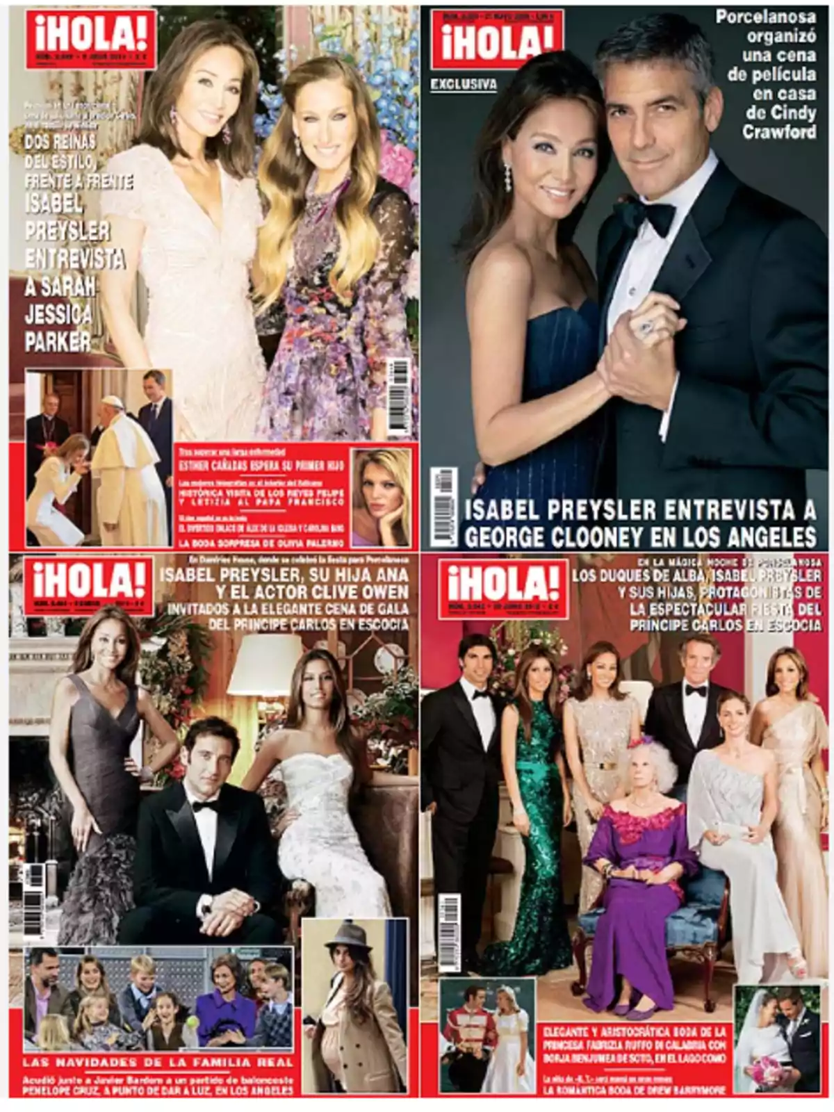 Portadas de la revista ¡HOLA! con entrevistas y eventos exclusivos, incluyendo a Isabel Preysler, Sarah Jessica Parker, George Clooney, Clive Owen y la familia real.