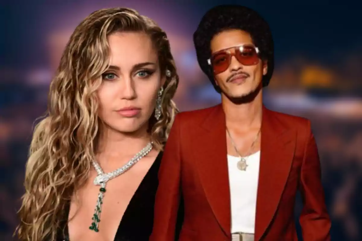 Montaje de los cantantes Miley Cyrus y Bruno Mars.