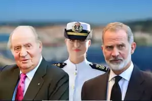 Montaje sobre el rey Emérito, la princesa Leonor y el rey Felipe VI y de fondo una imagen del Puerto Deportivo de Sanxenxo (Pontevedra).