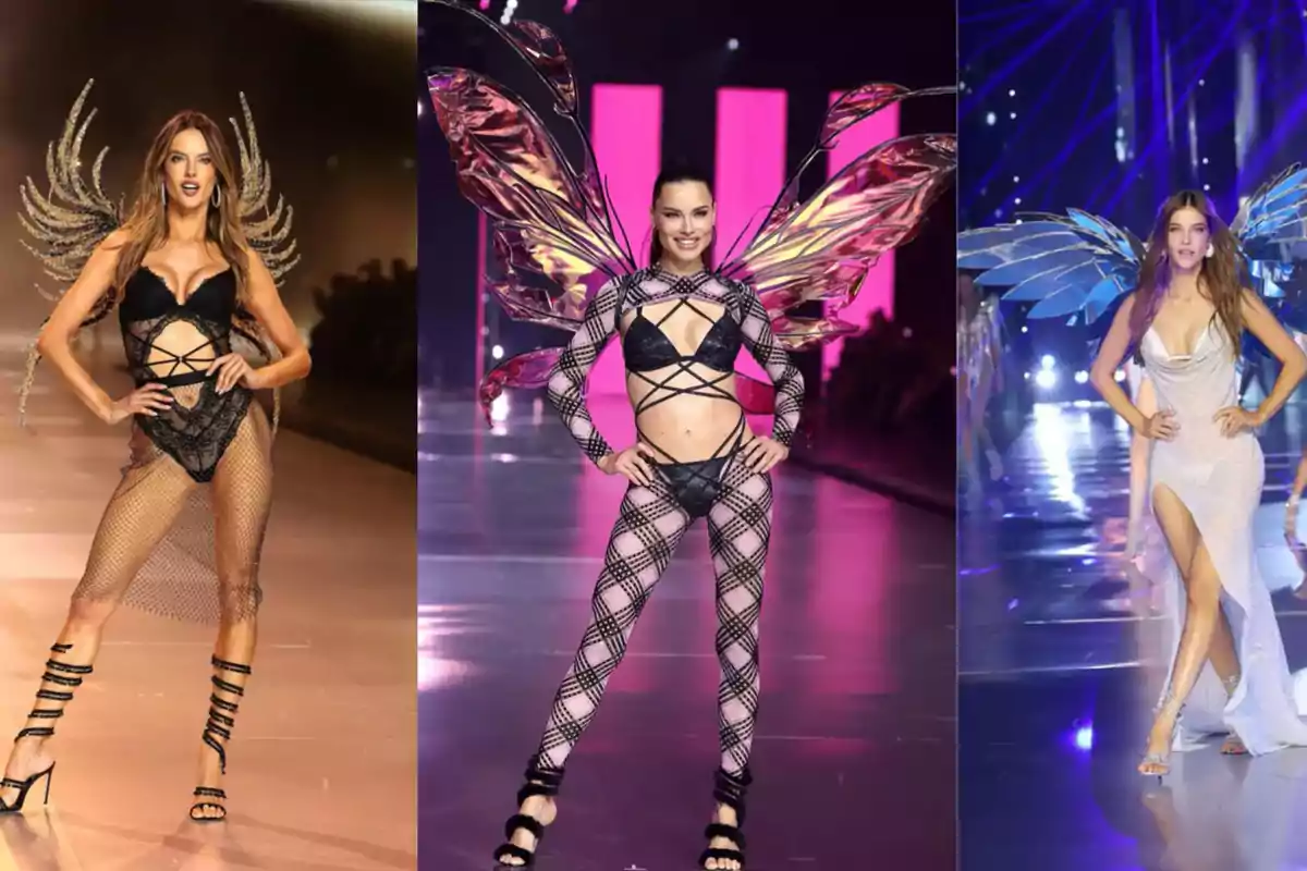 De izquierda a derecha: Alessandra Ambrosio, Adriana Lima y Barbara Palvin desfilando en Victoria’s Secret Fashion Show 2024.