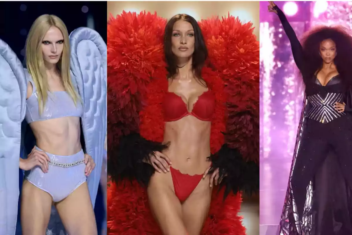 De izquierda a derecha: Alex Consani, Bella Hadid y Tyra Banks desfilando en Victoria’s Secret Fashion Show 2024.