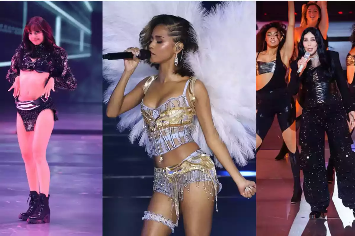 De izquierda a derecha: Lisa, Tyla y Cher sobre la pasarela de Victoria’s Secret 2024.