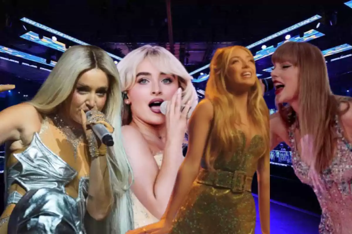 Montaje sobre las cantantes Lola Índigo, Sabrina Carpenter, Ana Mena y Taylor Swift.