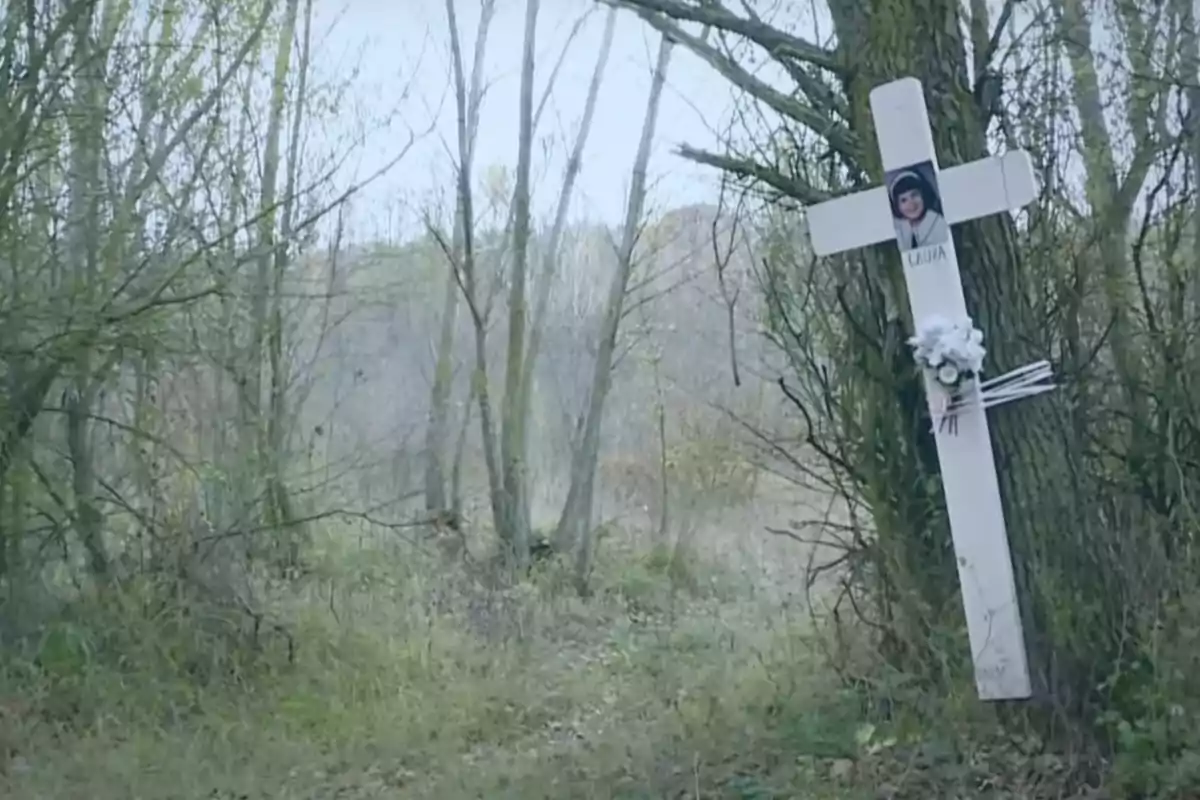 Una cruz blanca con flores y una foto está apoyada contra un árbol en un bosque.