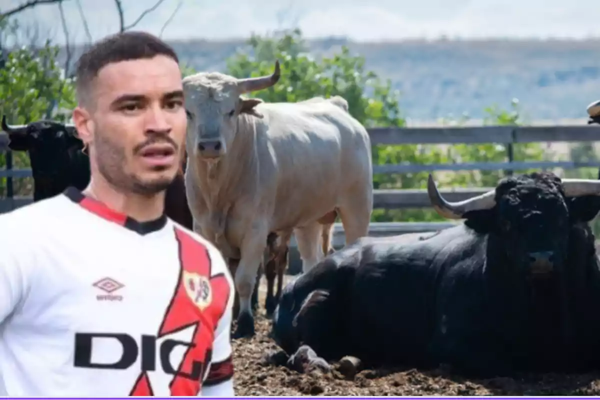 El futbolista Raúl de Tomás y toros de la finca 'Bellalucía'.