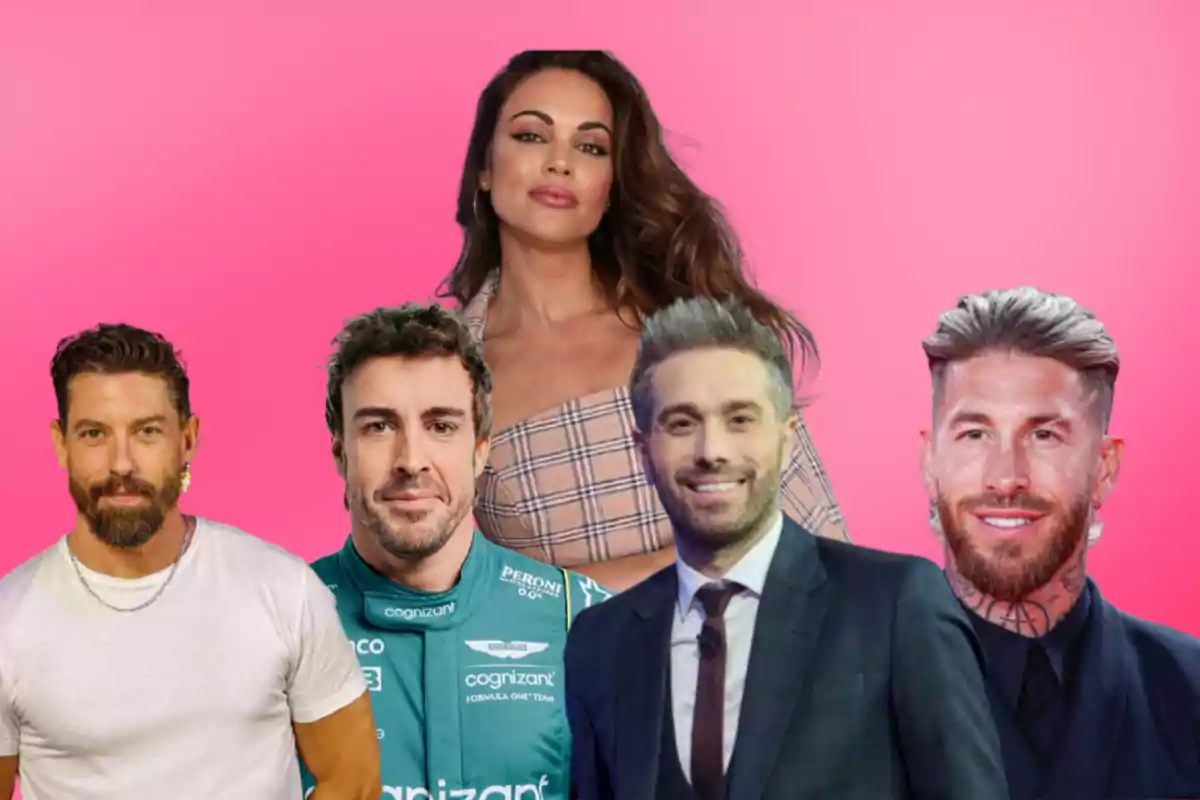 La periodista Lara Álvarez y el actor Adrián Lastra, el piloto de F1 Fernando Alonso, el presentador Dani Martínez y el futbolista Sergio Ramos.