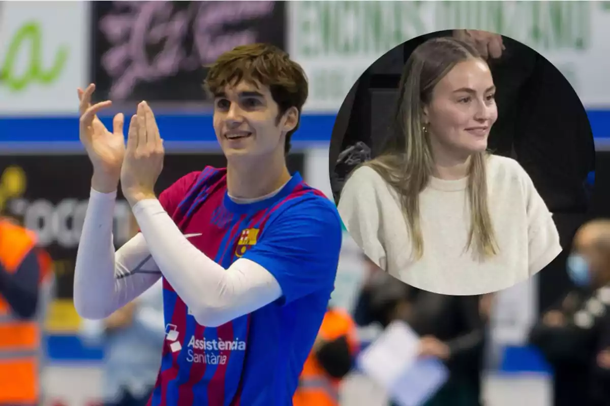 Un jugador de balonmano aplaudiendo en la cancha con una mujer observando desde las gradas en un recuadro.