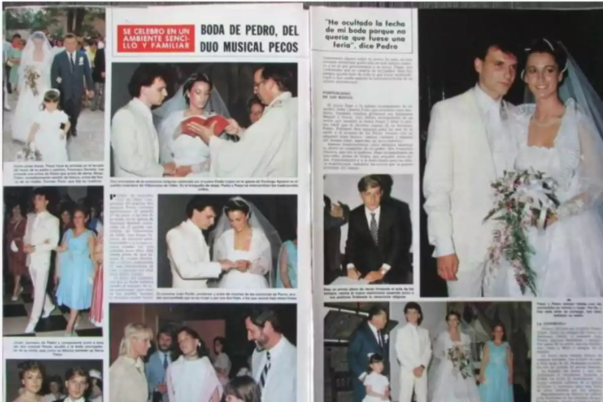 Una revista muestra fotos de una boda con varias imágenes de los novios, invitados y momentos de la ceremonia, destacando un ambiente sencillo y familiar.