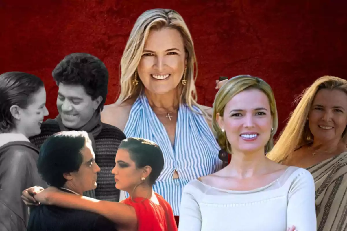 Un collage de varias personas en diferentes poses y estilos sobre un fondo rojo.