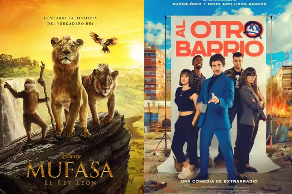 Dos carteles de películas, uno de "Mufasa: El Rey León" con leones y un paisaje africano, y otro de "Al Otro Barrio" con un grupo de personas en un entorno urbano.