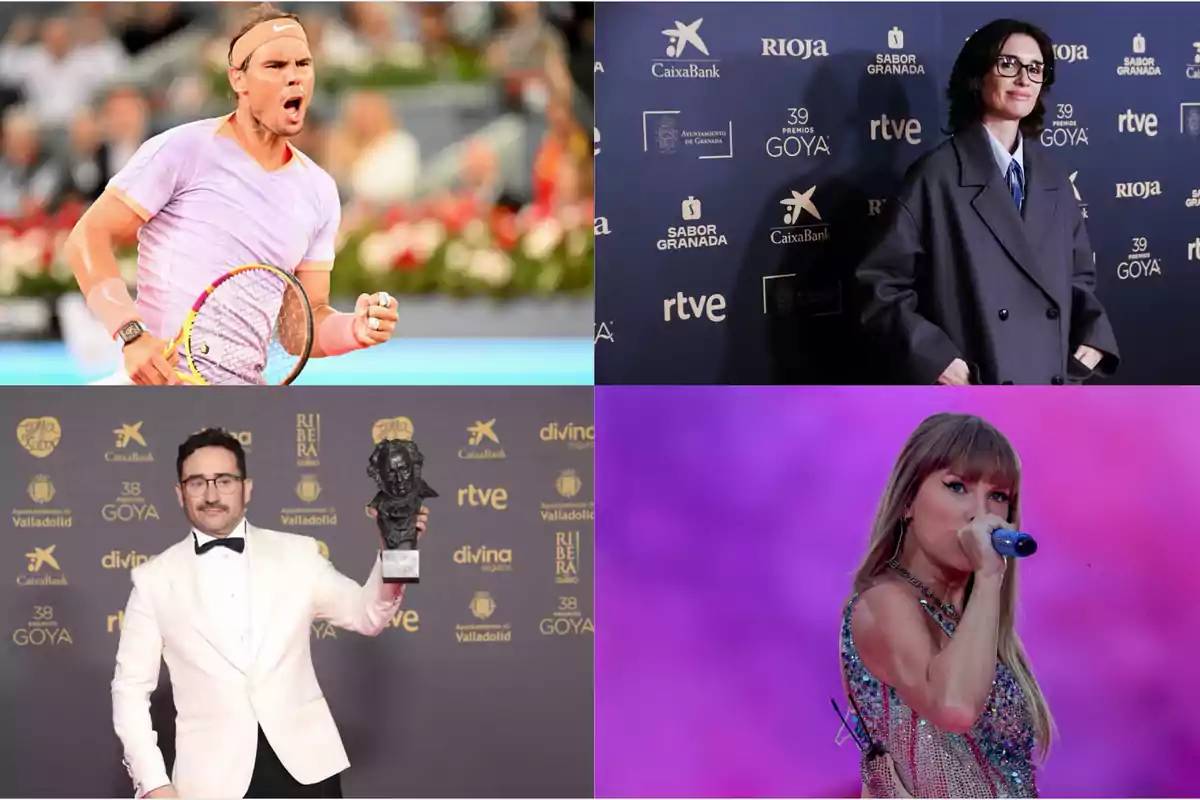 Cuatro personas en diferentes eventos: un tenista celebrando en la cancha, una persona posando en una alfombra roja, un hombre sosteniendo un trofeo en una ceremonia de premios y una cantante actuando en un escenario.