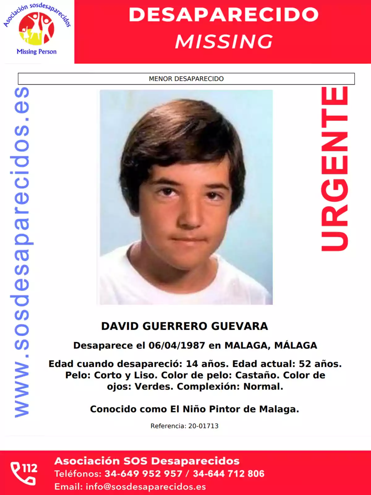 Cartel de persona desaparecida con foto de un joven, información de contacto de la Asociación SOS Desaparecidos y detalles sobre la desaparición de David Guerrero Guevara en Málaga en 1987.