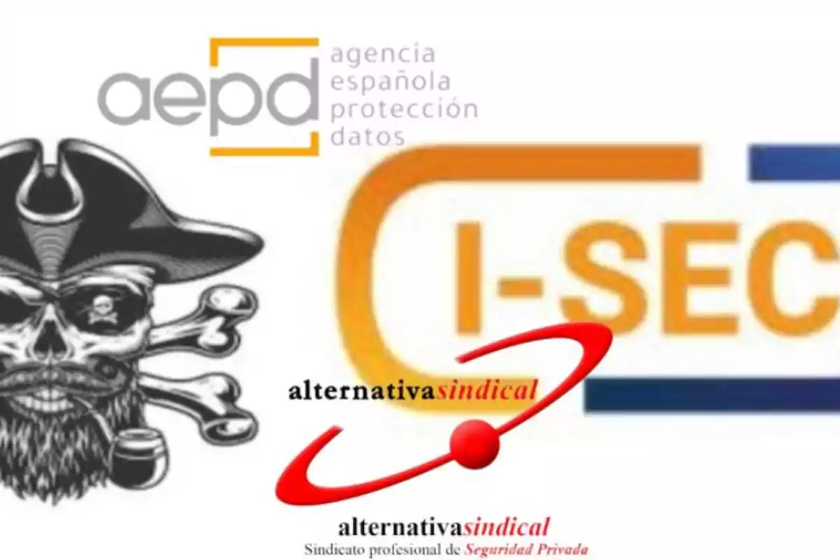 Logos de la Agencia Española de Protección de Datos, I-SEC y Alternativa Sindical junto a una ilustración de un pirata.