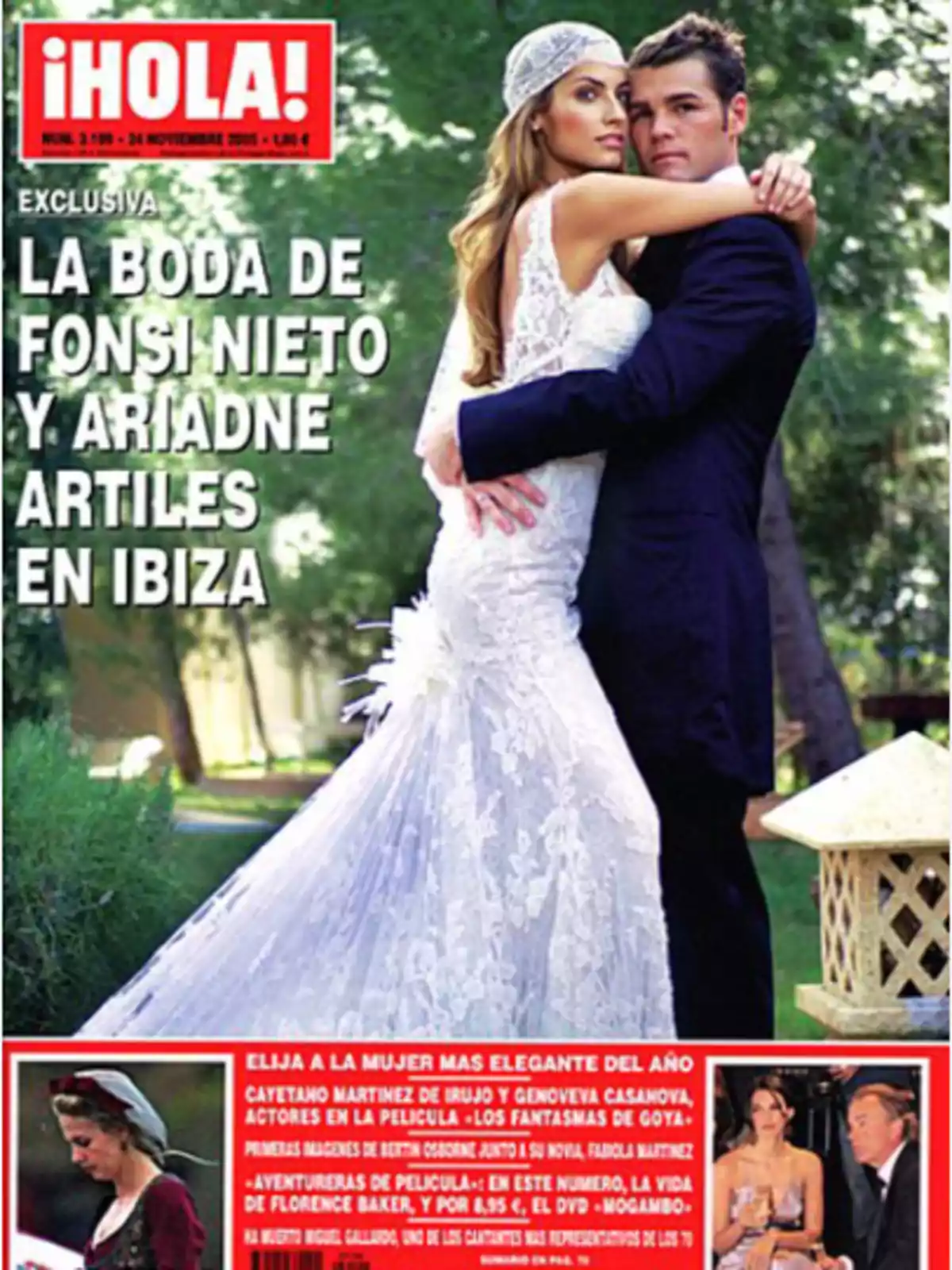 Portada de revista ¡HOLA! mostrando a una pareja vestida de novios en un entorno natural.