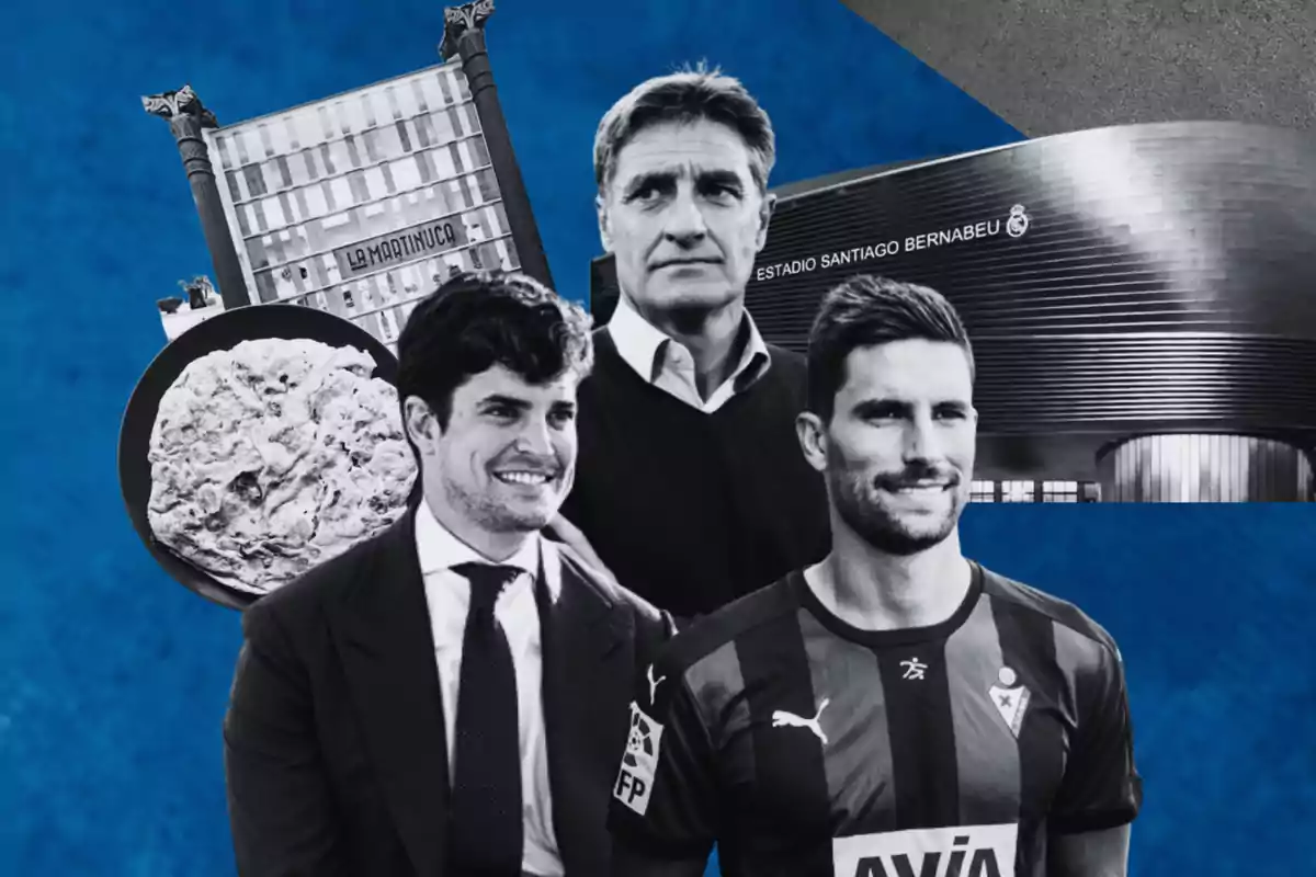 Una composición en blanco y negro con tres hombres en primer plano, uno de ellos con traje y otro con camiseta deportiva, al fondo se ven un edificio con el letrero "La Martinuca", el Estadio Santiago Bernabéu y una pizza sobre un plato.