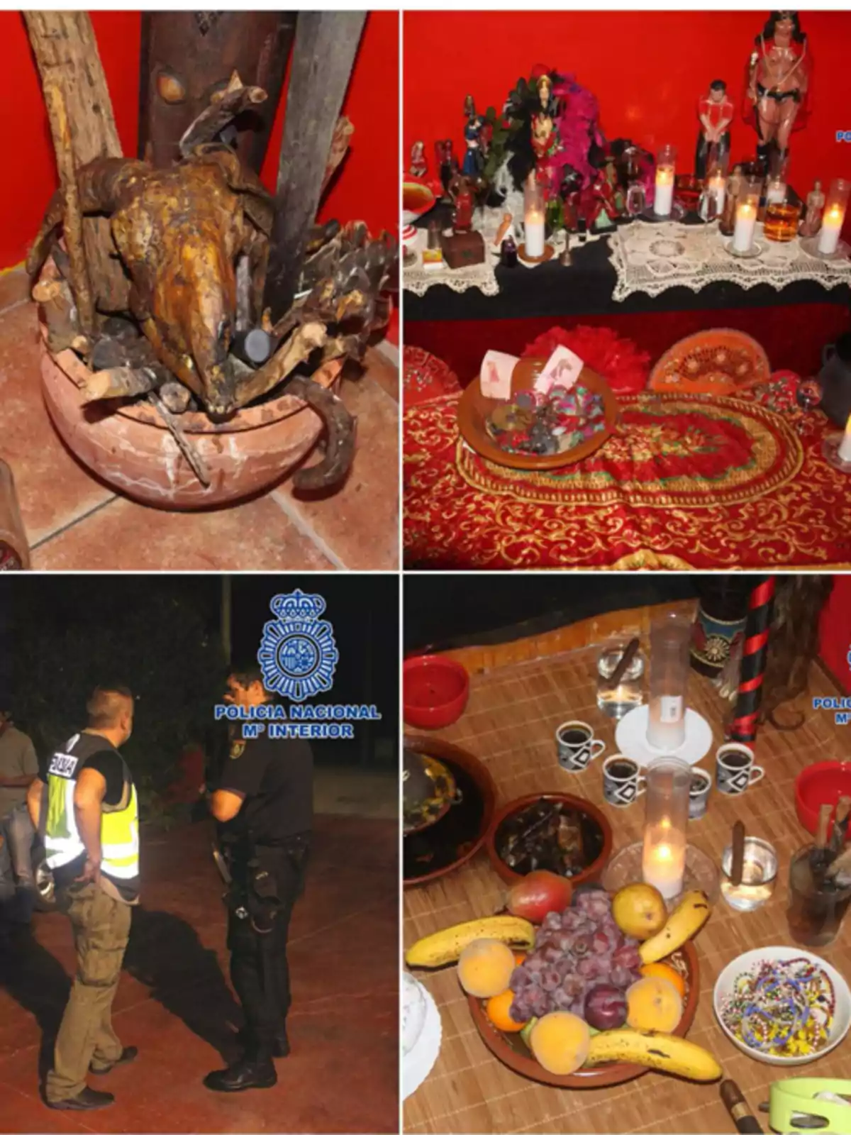 Una serie de imágenes muestra un altar con figuras religiosas, velas y ofrendas, junto a dos personas conversando en un espacio exterior, posiblemente relacionado con una investigación policial.