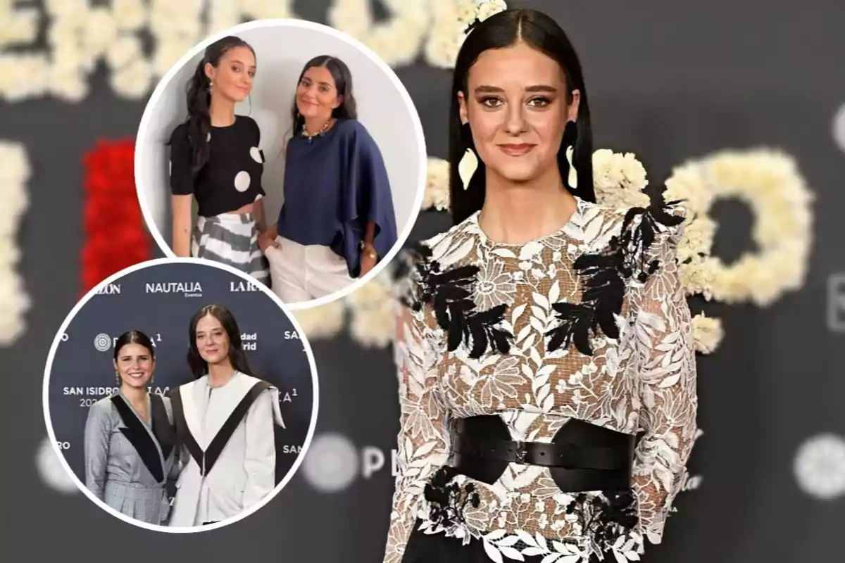 Una mujer con un vestido de encaje blanco y negro posa en un evento, con dos imágenes circulares superpuestas mostrando a dos mujeres en diferentes atuendos formales.