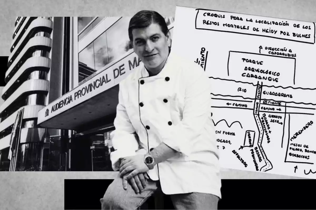 Un hombre con uniforme de chef está frente a un edificio que dice "Audiencia Provincial de Madrid" y al lado hay un croquis dibujado a mano.