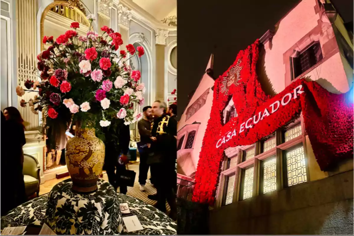 Un elegante salón decorado con un gran arreglo floral en un jarrón y una fachada iluminada con flores rojas que dice "Casa Ecuador".