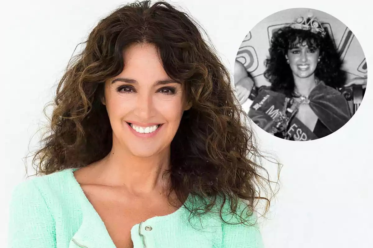 Una mujer sonriente con cabello rizado y una chaqueta verde claro, junto a una imagen en blanco y negro de ella misma en un concurso de belleza.