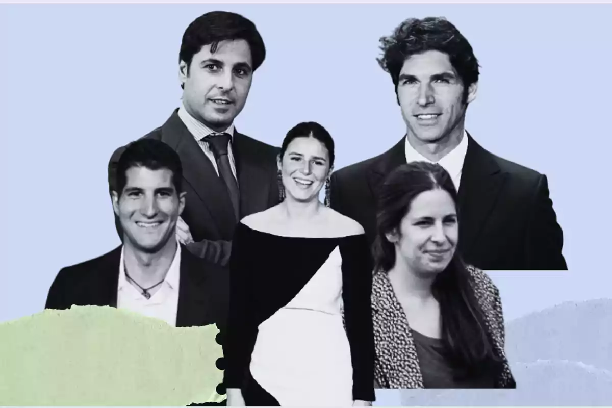 Un grupo de personas posando juntas en un collage con fondo azul claro.