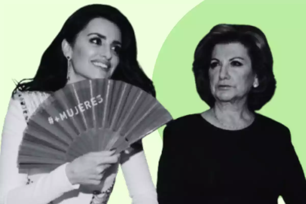 Dos mujeres en una imagen en blanco y negro, una de ellas sostiene un abanico con la palabra "#MUJERES", sobre un fondo verde claro.