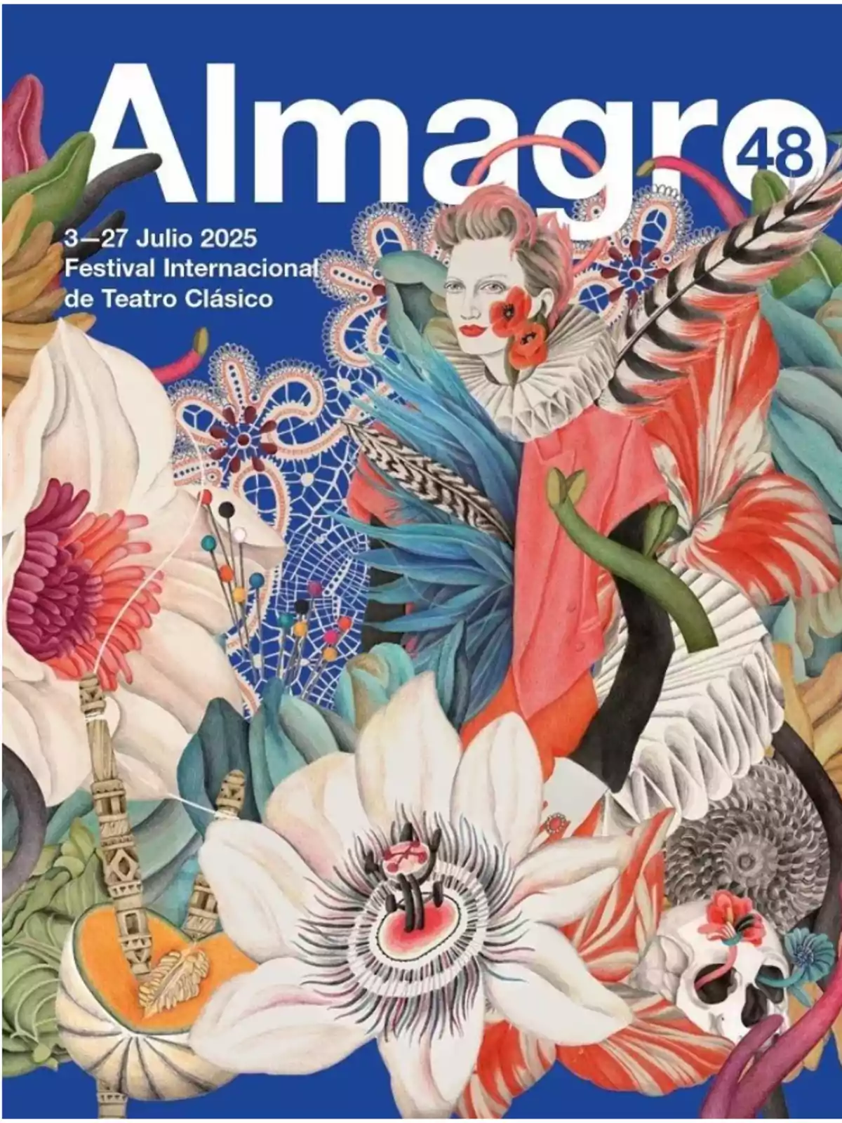 Cartel del Festival Internacional de Teatro Clásico de Almagro 2025 con ilustraciones florales y una figura femenina en un fondo azul. Cartel del Festival Internacional de Teatro Clásico de Almagro 2025 con ilustraciones florales y una figura femenina en un fondo azul.