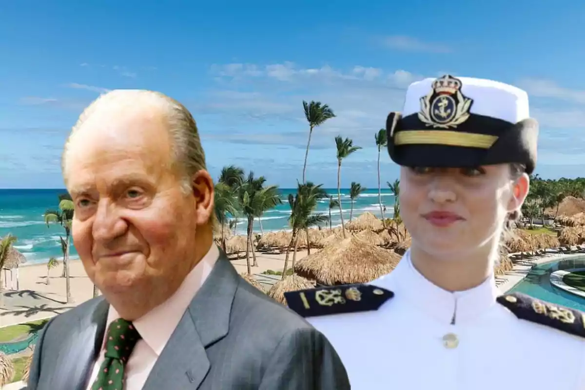 Dos personas en primer plano, una con uniforme naval, con un fondo de playa tropical y palmeras.