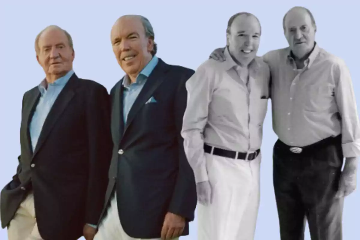 Dos hombres posando juntos en dos fotos diferentes, una en color y otra en blanco y negro, ambos con trajes formales. Dos hombres posando juntos en dos fotos diferentes, una en color y otra en blanco y negro, ambos con trajes formales.