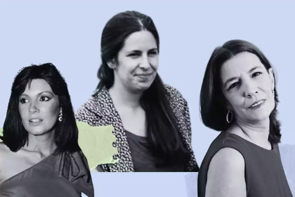 Tres mujeres en una imagen en blanco y negro con un fondo azul claro.