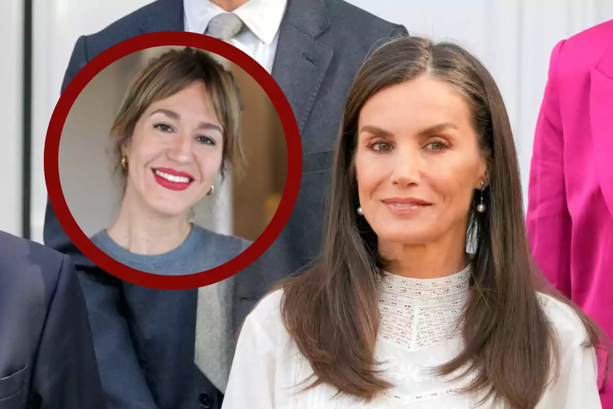 Una mujer con cabello largo y oscuro lleva una blusa blanca, mientras que otra mujer sonriente aparece en un círculo superpuesto.