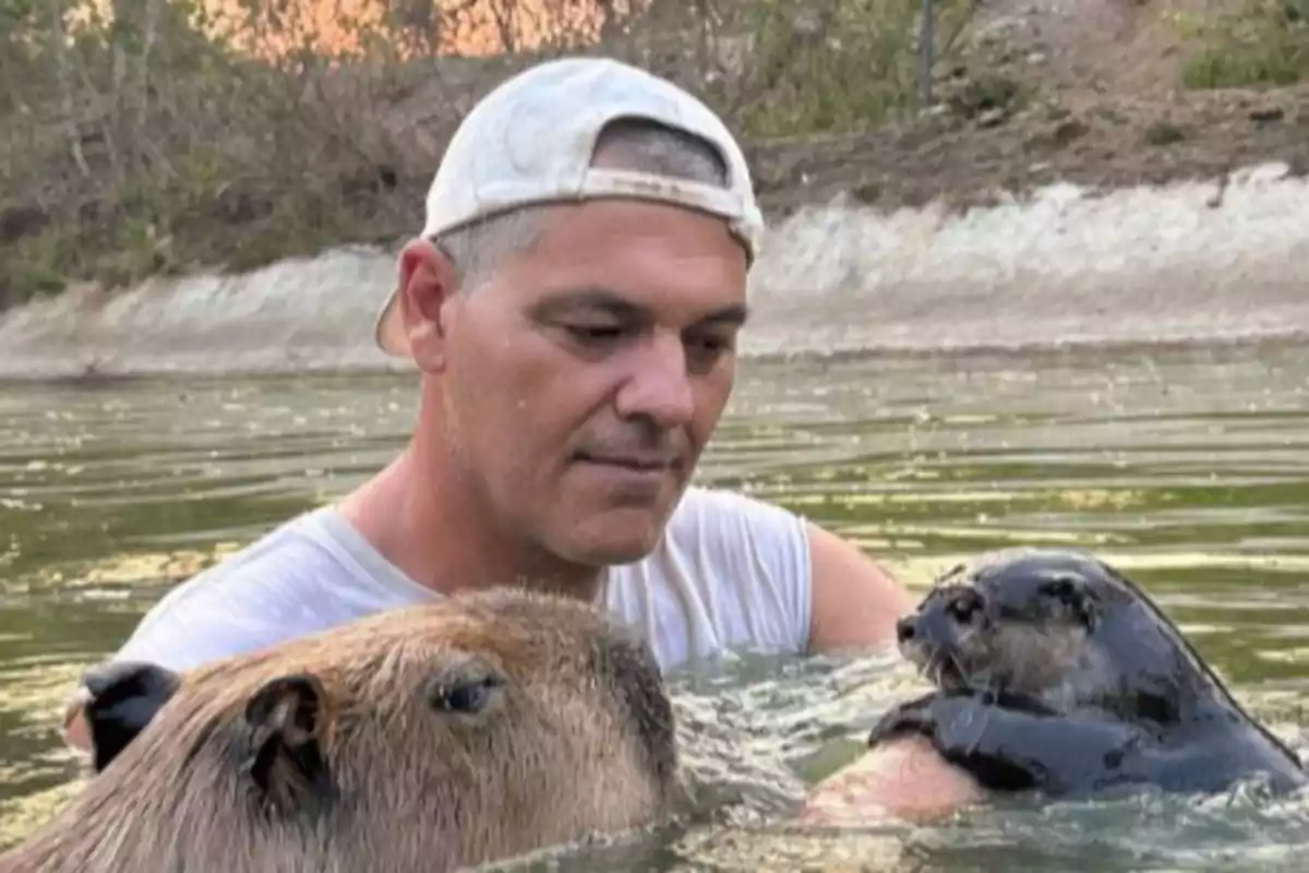 Un hombre en el agua interactúa con un carpincho y una nutria en un entorno natural. Un hombre en el agua interactúa con un carpincho y una nutria en un entorno natural.