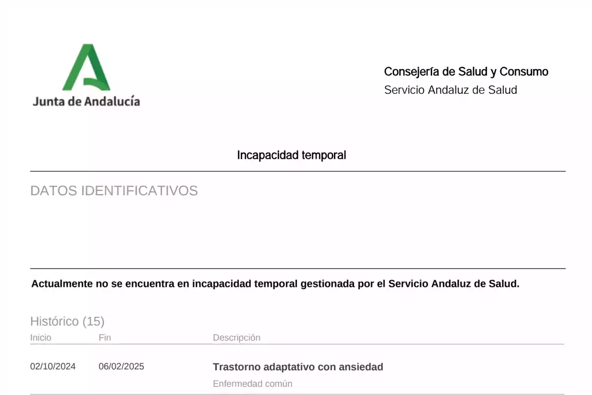 Documento del Servicio Andaluz de Salud sobre incapacidad temporal con un historial que menciona un trastorno adaptativo con ansiedad. Documento del Servicio Andaluz de Salud sobre incapacidad temporal con un historial que menciona un trastorno adaptativo con ansiedad.