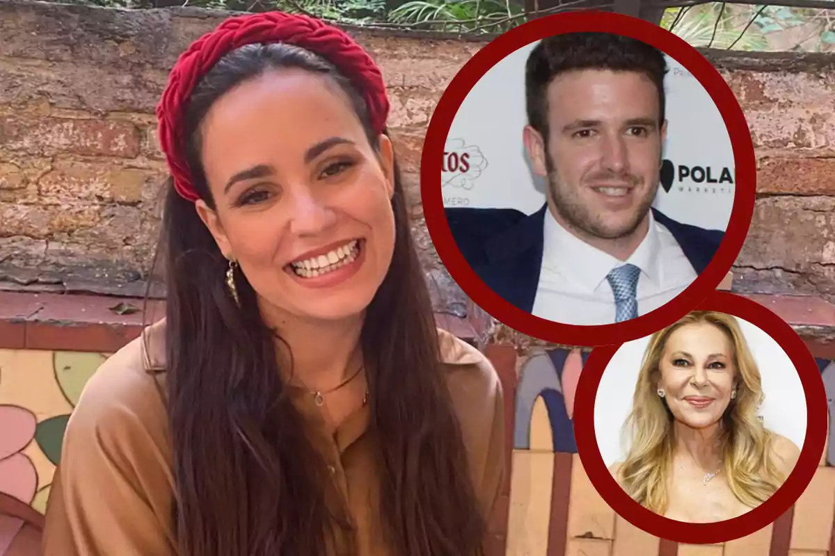 Una mujer sonriente con una diadema roja en el cabello, acompañada de dos imágenes circulares de otras personas sobre un fondo de ladrillo.