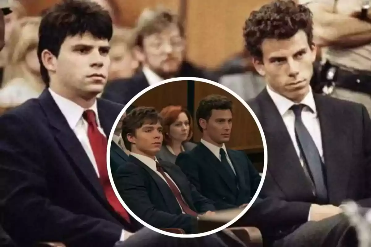 Dos hombres jóvenes con trajes oscuros y corbatas están sentados en una sala de tribunal, con una imagen superpuesta de dos actores interpretando una escena similar. Dos hombres jóvenes con trajes oscuros y corbatas están sentados en una sala de tribunal, con una imagen superpuesta de dos actores interpretando una escena similar.