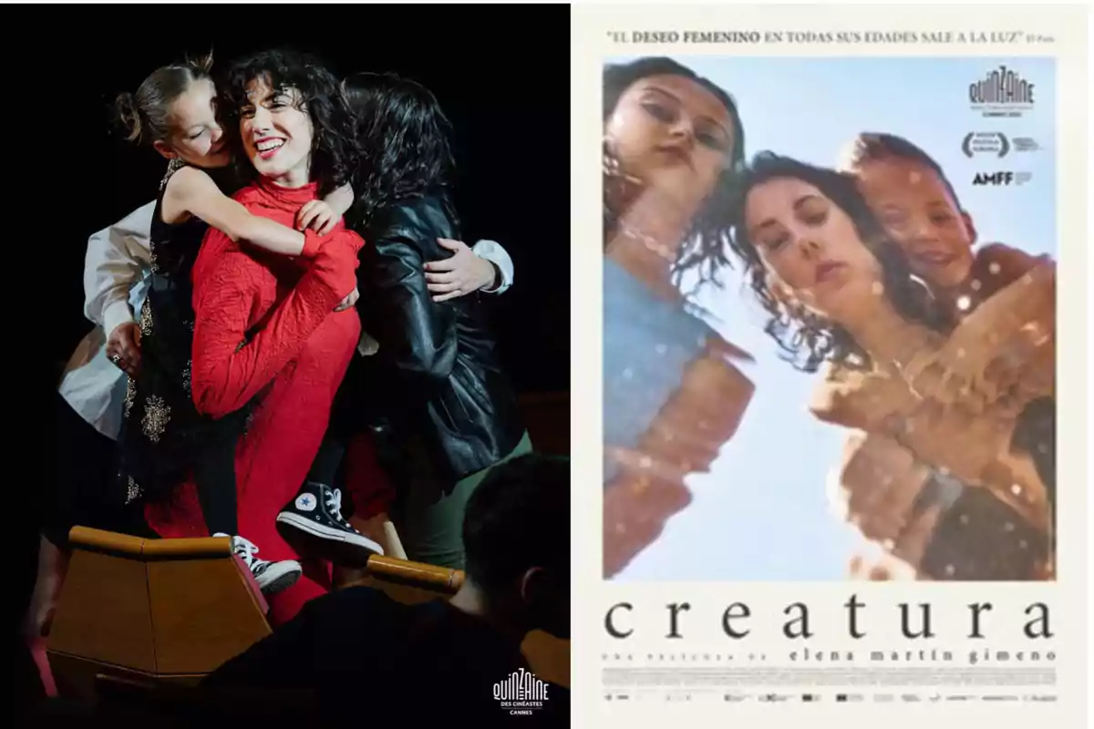 Una persona con un vestido rojo es abrazada por dos niños en un teatro, junto a un cartel de la película Una persona con un vestido rojo es abrazada por dos niños en un teatro, junto a un cartel de la película