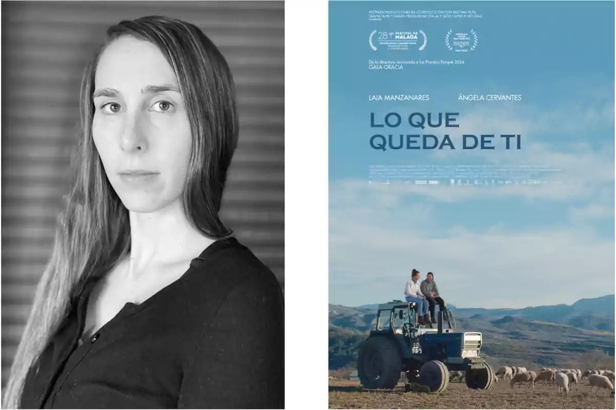 Retrato en blanco y negro de una persona junto a un cartel de película titulado Retrato en blanco y negro de una persona junto a un cartel de película titulado