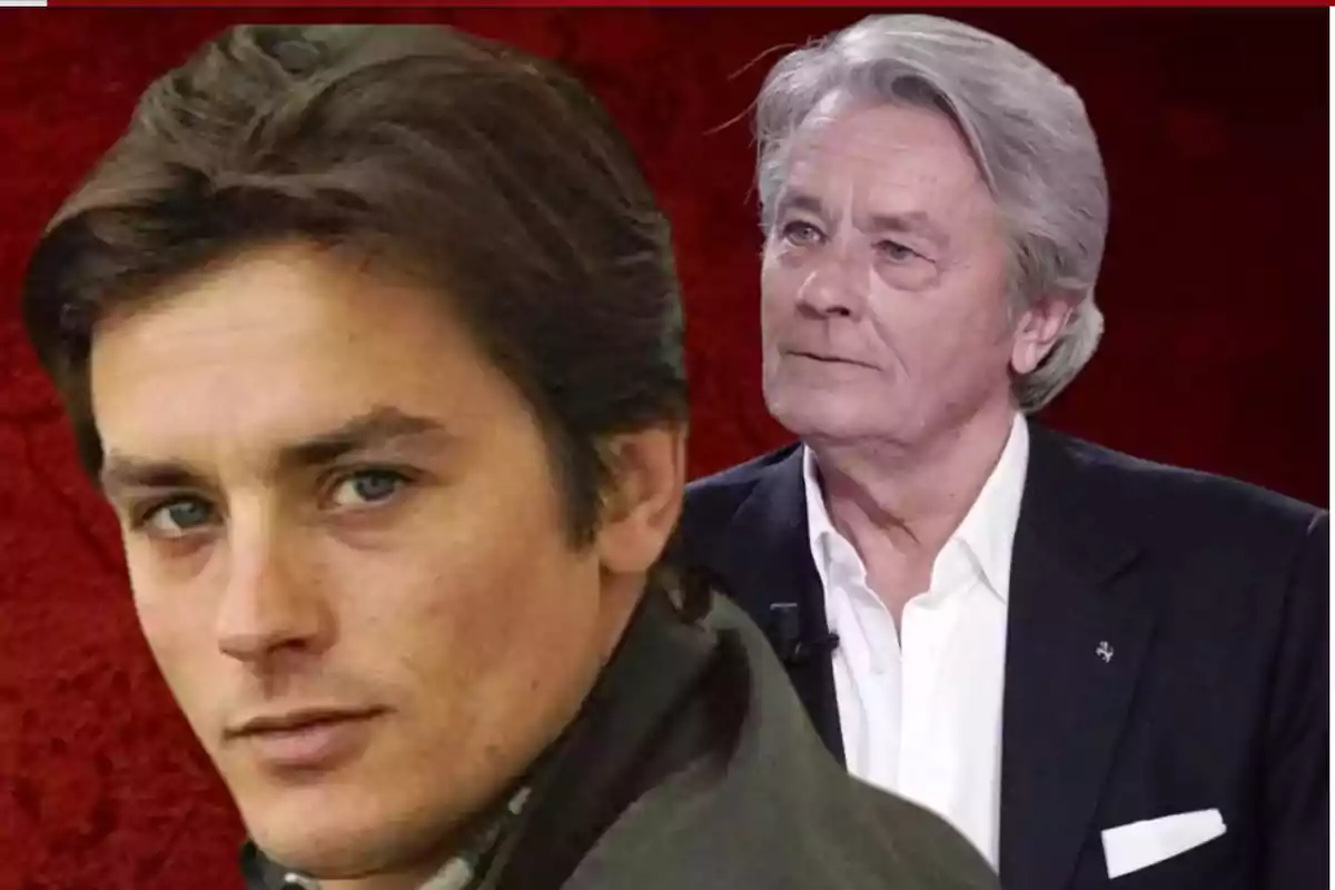 Dos hombres en diferentes etapas de la vida, uno joven y otro mayor, con fondo rojo. Dos hombres en diferentes etapas de la vida, uno joven y otro mayor, con fondo rojo.
