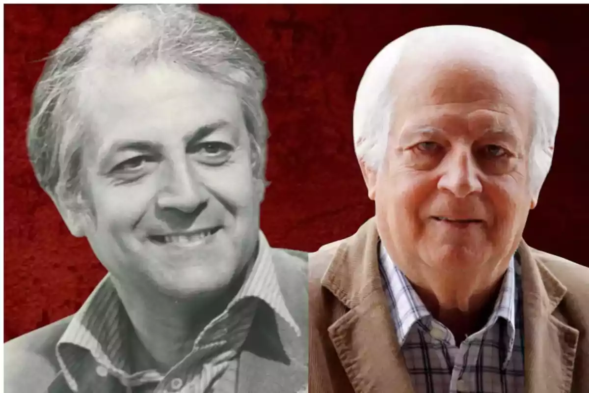 Dos retratos de un hombre en diferentes etapas de su vida, uno en blanco y negro y otro a color, con un fondo rojo. Dos retratos de un hombre en diferentes etapas de su vida, uno en blanco y negro y otro a color, con un fondo rojo.