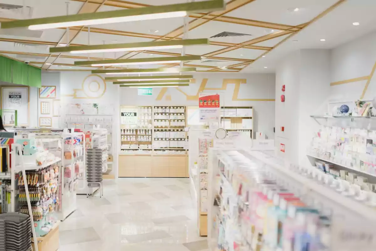 Una tienda bien iluminada con estantes llenos de productos variados y un diseño moderno en el techo.