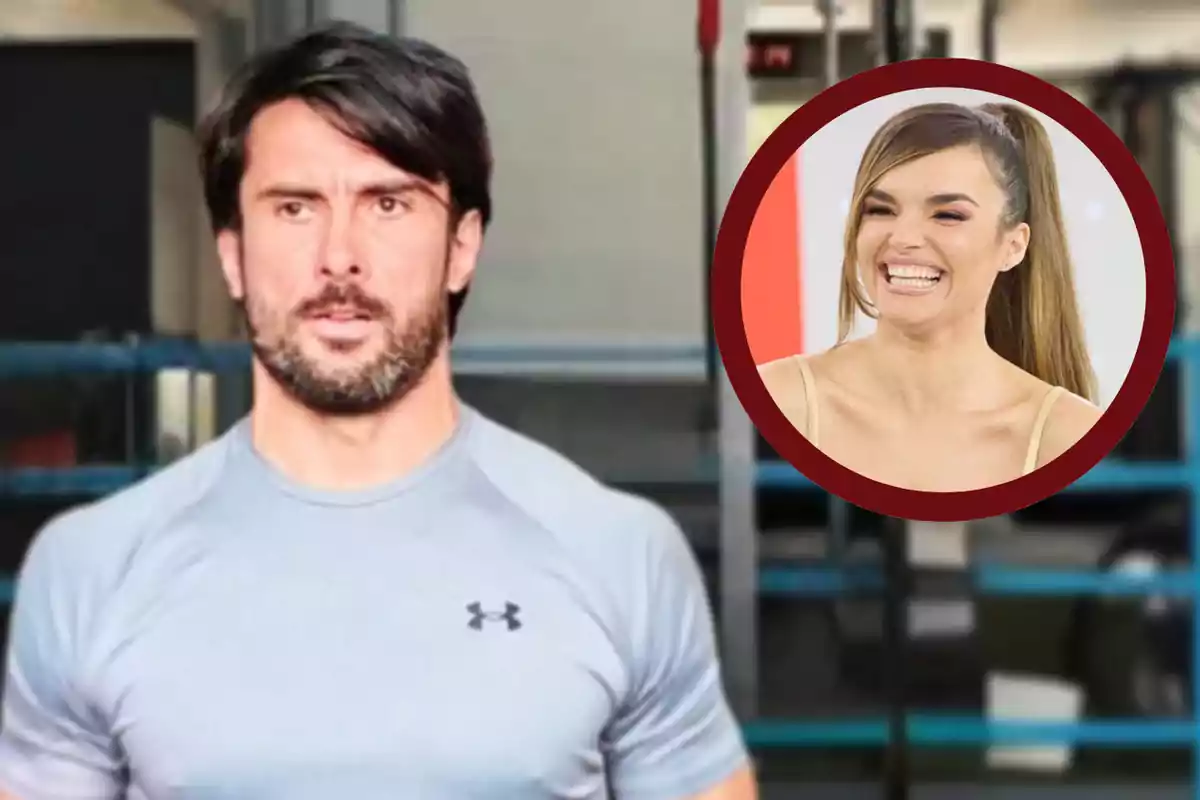 Un hombre con barba y camiseta gris está en un gimnasio, y en un círculo rojo a la derecha hay una mujer sonriendo ampliamente.