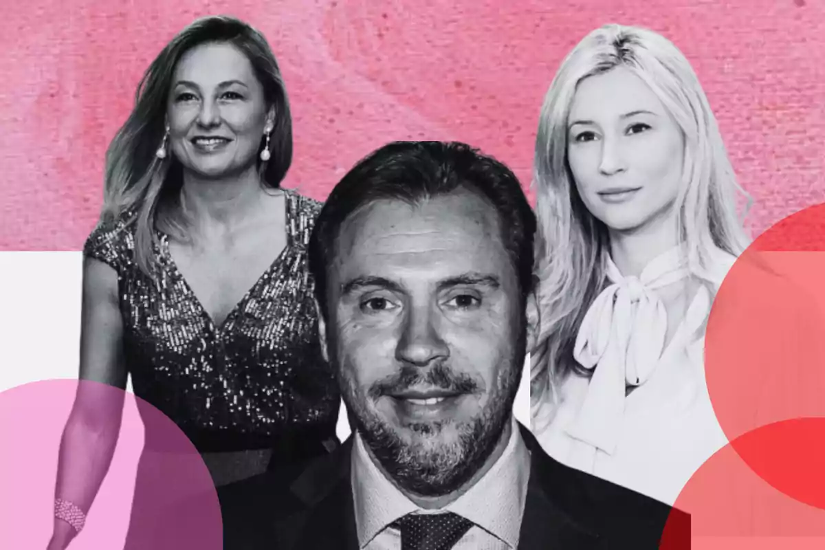 Tres personas posan frente a un fondo rosa con círculos de colores en la imagen.