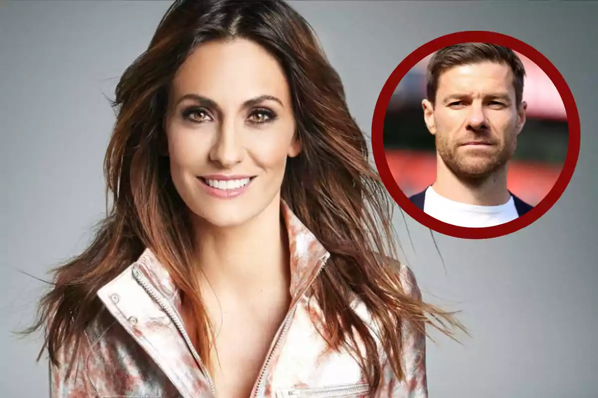 Una mujer sonriente con cabello castaño y una chaqueta clara, junto a un recuadro circular con la imagen de un hombre con barba y cabello corto.