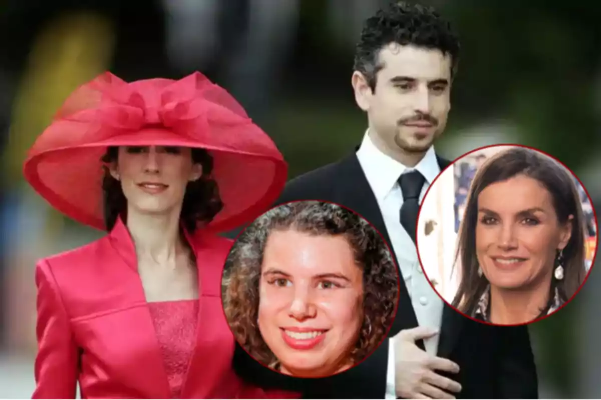 Una mujer con un sombrero rojo y un hombre en traje formal, con dos imágenes circulares superpuestas mostrando a otras dos mujeres.