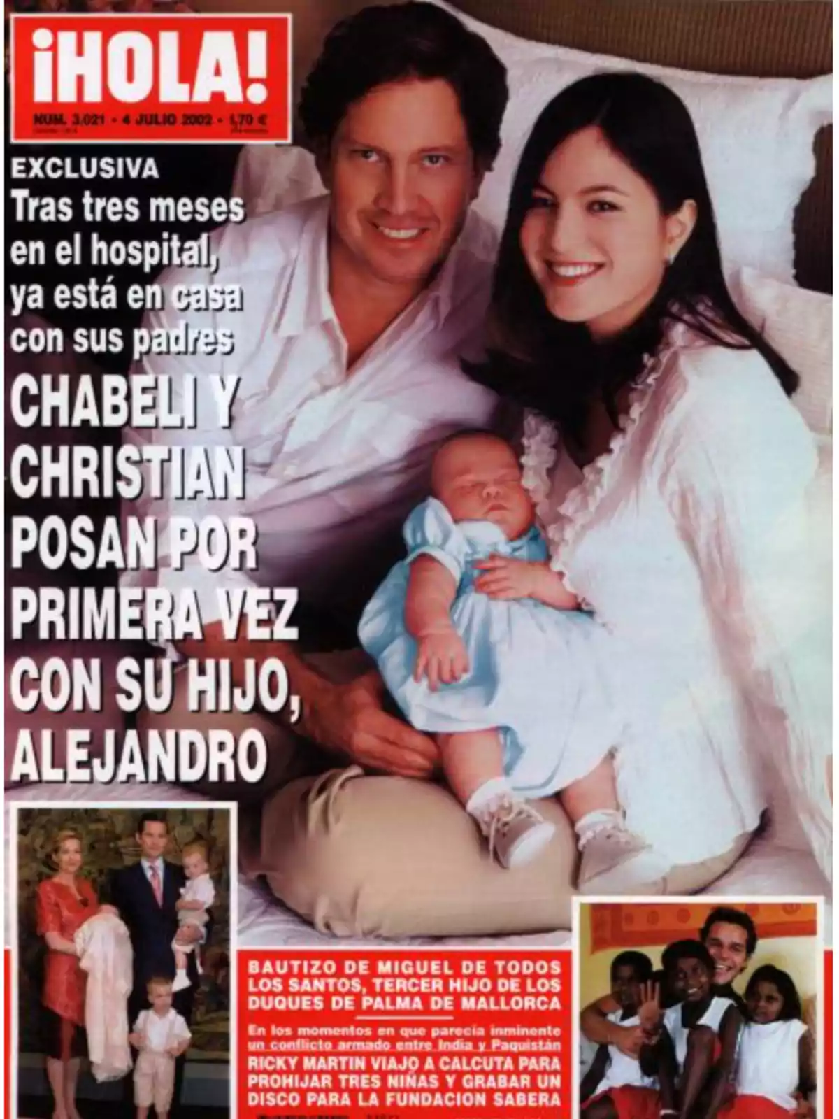 Portada de la revista ¡HOLA! con una pareja sonriente sosteniendo a un bebé, acompañada de titulares sobre su regreso a casa después de tres meses en el hospital y otras noticias destacadas. Portada de la revista ¡HOLA! con una pareja sonriente sosteniendo a un bebé, acompañada de titulares sobre su regreso a casa después de tres meses en el hospital y otras noticias destacadas.