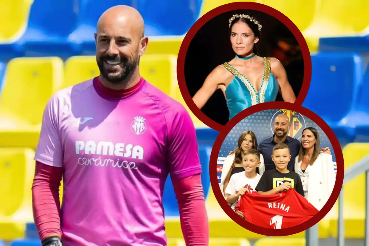 Un jugador de fútbol con uniforme rosa sonríe en un estadio con asientos amarillos y azules; hay dos imágenes circulares superpuestas, una muestra a una mujer con vestido azul y la otra a una familia posando con una camiseta roja.